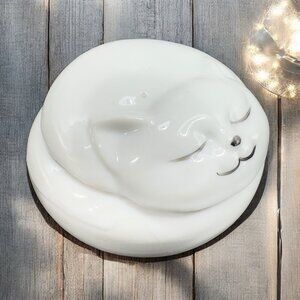 Vintage Kitty Cat Porcelain Trinket Jewelry Box Container White Ceramic Holder